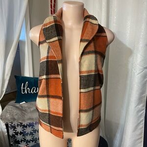 Plaid Sleeveless Vest in Orange and Brown Open Front Fall Winter Top 6 y girls